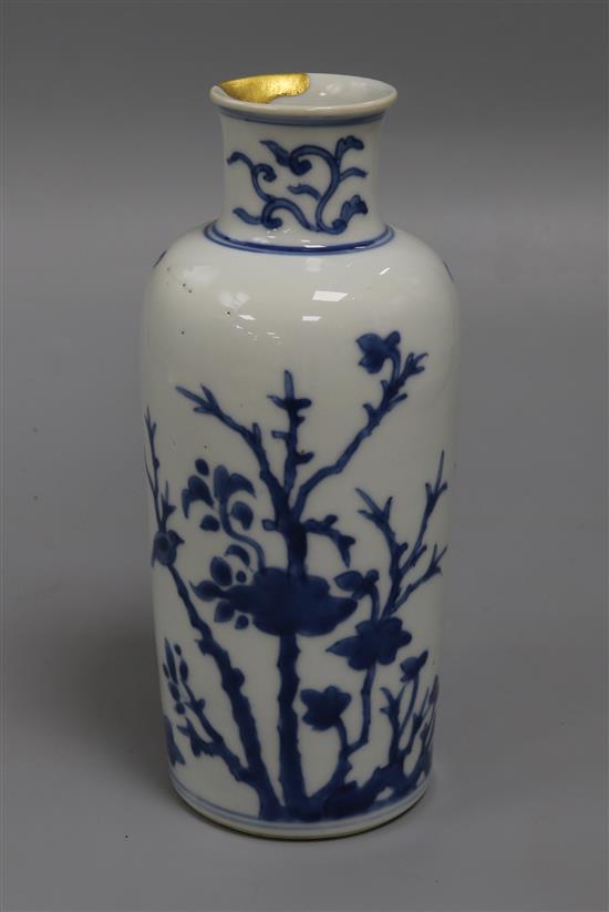 A Chinese blue and white vase, Transitional period, mid 17th century, height 19.8cm, gilt repair to rim